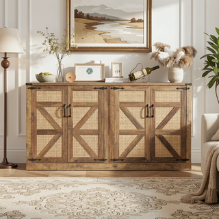 Sunvega 65-Inch Rustic Oak Faux Rattan Sideboard with Four Barn Doors for Living Room
