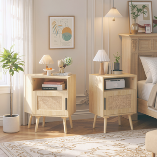 Sunvega Rattan Nightstand with Cane Decor Door and Open Shelf for Bedroom
