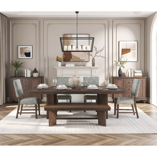 Sunvega Walnut Finish Wood Trestle Bench with V-Angled Pedestals for Dining Room