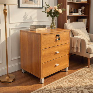 Sunvega Three Drawer Nightstand with Locking Top Drawer and Metal Bar Handles