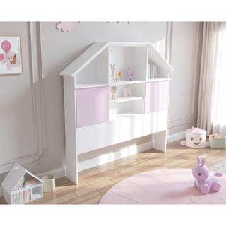 Sunvega White Full Size Bookcase Headboard with Pink Sliding Doors and Seven Cubby Shelves