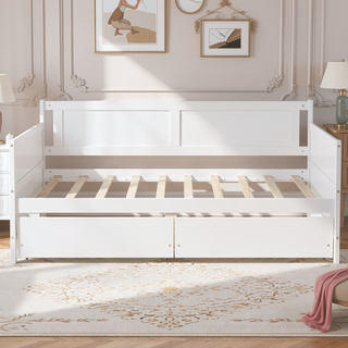 Sunvega Twin Size Pine Wood Daybed with Two Storage Drawers in White
