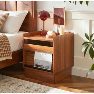 Sunvega Modern Brown Nightstand with Charging Station, Smart LED Lights, and Two Drawers