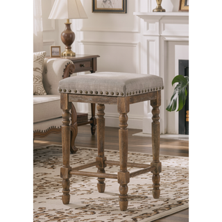 Sunvega Beige Fabric Weathered Oak Finish Counter Height Stool Set of 2