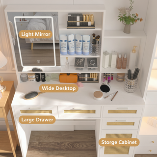 Sunvega Makeup Vanity with 3 Color Lights Openable Mirror 4 Drawers Rattan Dresser