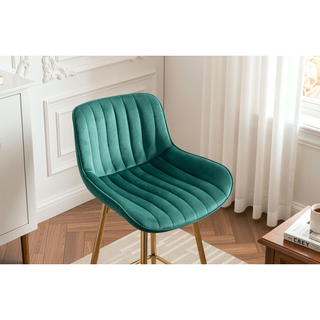 Sunvega Set of 2 Velvet Fabric Bar Stools with Chrome Footrest and Golden Legs
