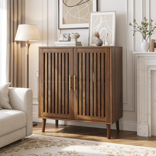 Sunvega Walnut Farmhouse Buffet Cabinet with Louvered Doors and Adjustable Shelves