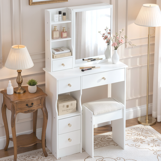 Sunvega Small Space Dressing Table with Cushioned Stool and Extra Large Sliding Mirror