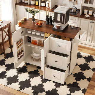 Sunvega White Kitchen Island Cart with Foldable Drop Leaf Tabletop and Storage on Wheels