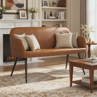 Sunvega Industrial High Back Bench in Black Steel and Camel Faux Leather