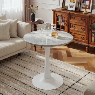 Sunvega Round White Pedestal Side Table with Marble Effect Top for Living Room