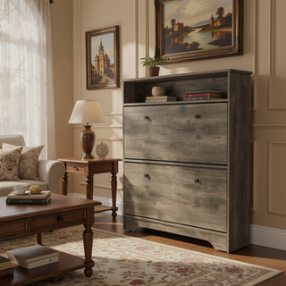 Sunvega Dark Brown Finish Shoe Rack with Two Extendable Cabinets and One Open Shelf