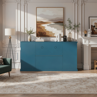 Sunvega 63" Teal Blue TV Stand with Carved Door Design and Four Storage Doors