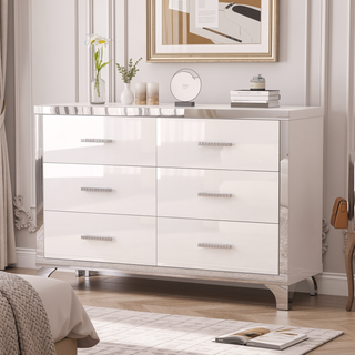 Sunvega High Gloss White Dresser with 6 Drawers and Metal Handle for Bedroom