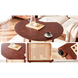 Sunvega Chinese Country Retro Walnut Solid Wood Round Table with Imitation Rattan Legs