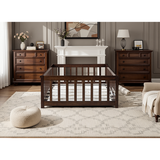 Sunvega Natural Rubber Wood Twin Size Floor Bed with Safety Guardrails and Door