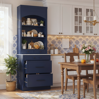 Sunvega Freestanding Tall Kitchen Pantry Cabinet with Faux Marble Top and 5 Storage Drawers