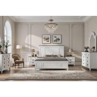 Sunvega Modern Farmhouse King Bedroom Set with Dresser Mirror and Two Nightstands