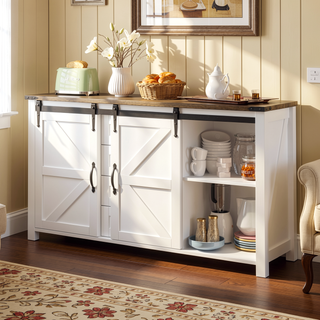 Sunvega 55.1-Inch Farmhouse Sideboard with Sliding Barn Doors and 4 Drawers