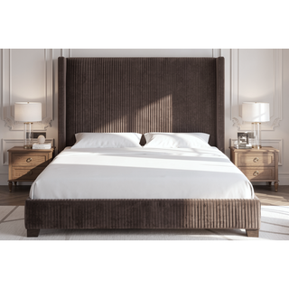 Sunvega Queen Upholstered Pleated Bed in a Box with Sturdy Dark Brown Frame