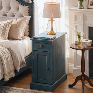 Sunvega Antique Blue Solid Wood Veneer Traditional Side Table for Living Room