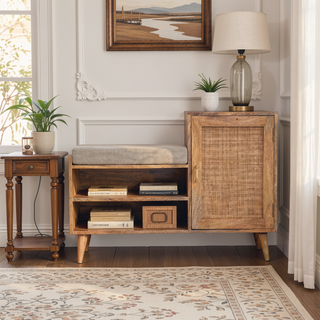 Sunvega Solid Mango Wood Bench Unit with Cushioned Seat and Storage Cabinet