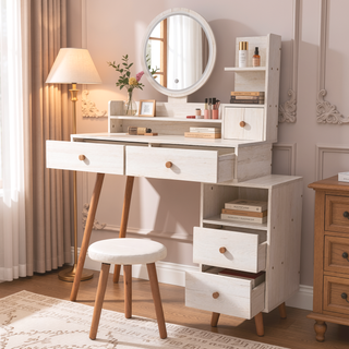 Sunvega Vanity Table with Touch Control LED Mirror and Cushioned Stool, Large Storage Cabinet