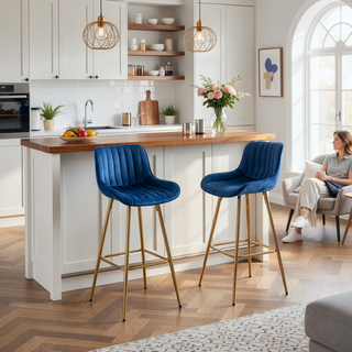 Sunvega 30 inch Set of 2 Blue Velvet Bar Stools with Chrome Footrest and Golden Legs