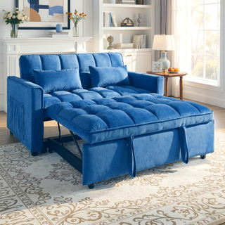 Sunvega Pink Velvet Convertible Sofa Bed with Reclining Backrest and Storage Pockets