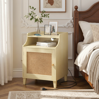 Sunvega Farmhouse Nightstand with Charging Station Rattan Door and Adjustable Shelf