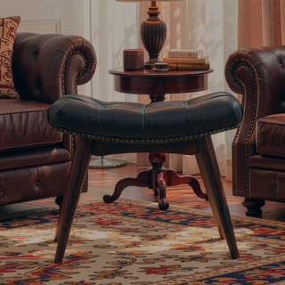 Sunvega Modern Walnut Footstool with Black Buffalo Leather Upholstery and Deep Button Design