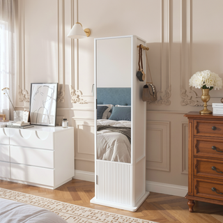 Sunvega 360-Degree Rotating Makeup Jewelry Cabinet with Full-Length Mirror and Coat Rack