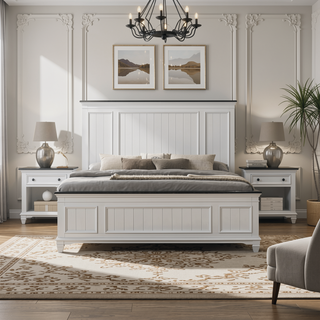 Sunvega King Bed and 2 Nightstands Set with Shiplap Panel and Modern Farmhouse Style