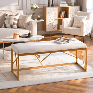 Sunvega Gold Metal Frame and White Velvet Upholstered Bench for Bedroom or Entryway