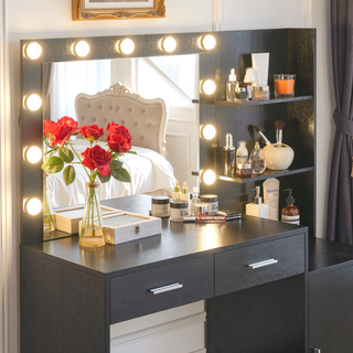 Sunvega Black 46.4 Inch Vanity Desk with Mirror Lights and Large Drawers