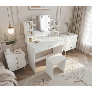 Sunvega Vanity Table with Adjustable Mirror Spacious Drawer and Matching Stool