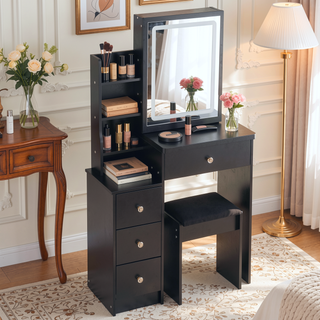 Sunvega 41 Inch Large Size Left Bedside Cabinet Vanity Table with Cushioned Stool