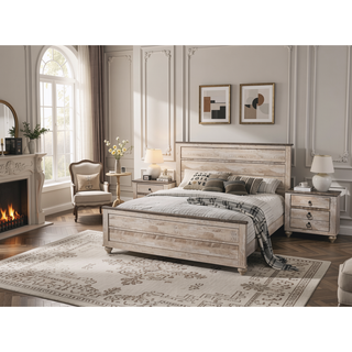Sunvega White Wash Finish Queen Bedroom Set with Dresser Mirror and Nightstands