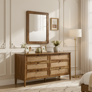 Sunvega 5-Piece Rubberwood Bedroom Set with Queen Bed Dresser Mirror Nightstand Chest