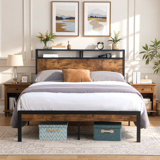 Sunvega Modern Metal Platform Bed Frame with Wooden Headboard and Footboard for Queen Size