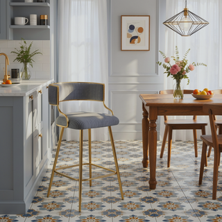 Sunvega Set of 2 Grey Corduroy Bar Stools with Back Golden Chromed Base and Footrest