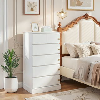 Sunvega Modern White 6 Drawer Tall Dresser with Concealed Handles for Bedroom