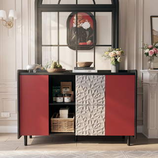 Sunvega Black and Red Modern Sideboard Buffet Cabinet with 2 Drawers