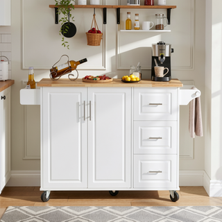Sunvega Mobile Kitchen Island Cart with 3 Drawers Spice Rack and Drop Leaf Table
