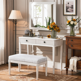 Sunvega Modern Vanity Desk with Mirror and Stool, White Makeup Table with Two Large Drawers