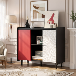 Sunvega Black and Red Modern Sideboard Buffet Cabinet with 2 Drawers
