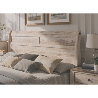 Sunvega White Wash Finish King Sleigh Bed Dresser Mirror Nightstand Bedroom Set