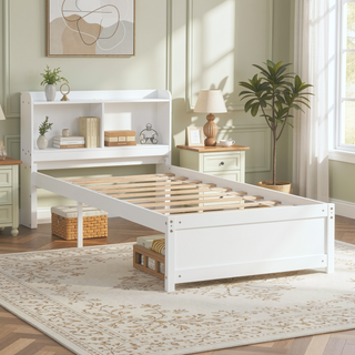 Sunvega White Twin Trundle Bed with Storage Headboard and Bookcase