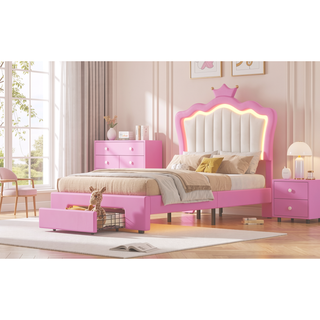 Sunvega Twin Size Upholstered Princess Bed with Crown Headboard and LED Lights