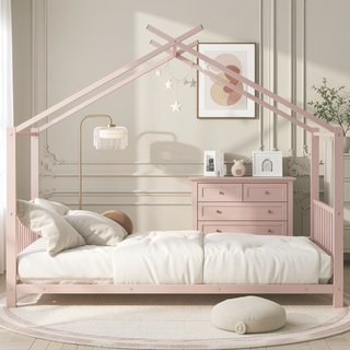 Sunvega Adorable Pink Twin Size Metal House Platform Bed Frame for Kids
